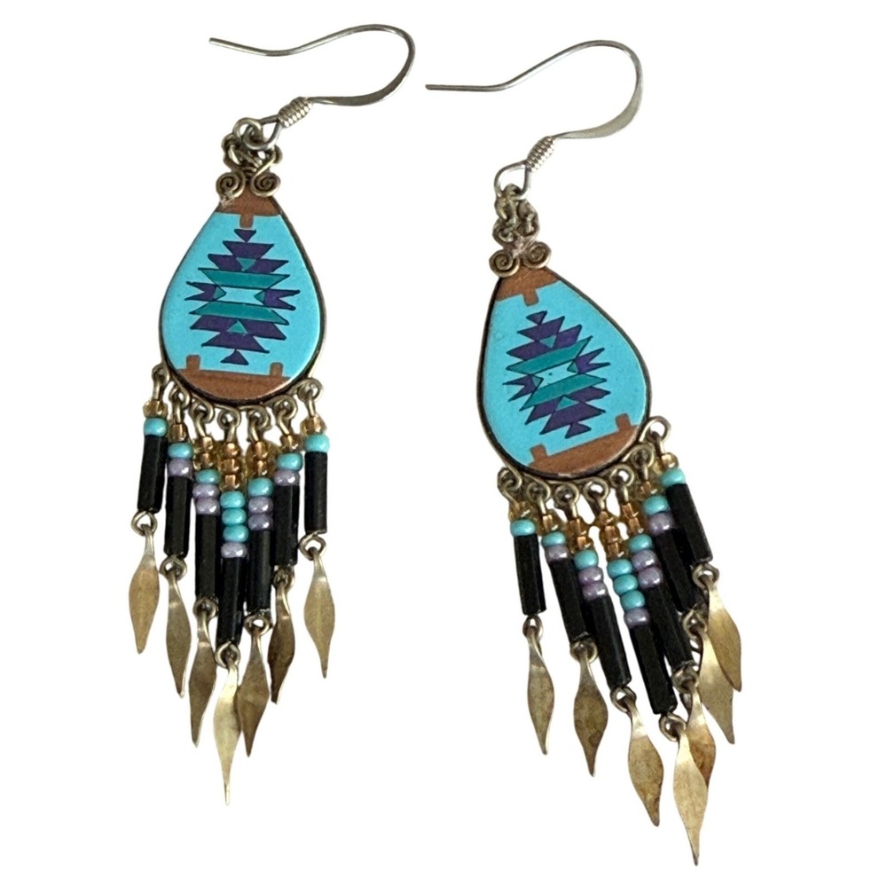 Dangle Earrings OS Turquoise Excellent‎ Boho Vintage Beaded Leaf